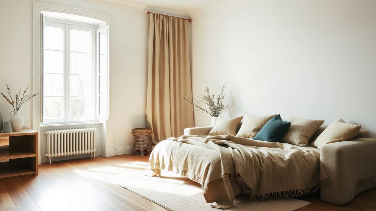 Une fenêtre habillée d'un rideau épais gris beige, tiré jusqu'au sol, dans une pièce claire en hiver, lumière douce du matin, sans texte ni personne.