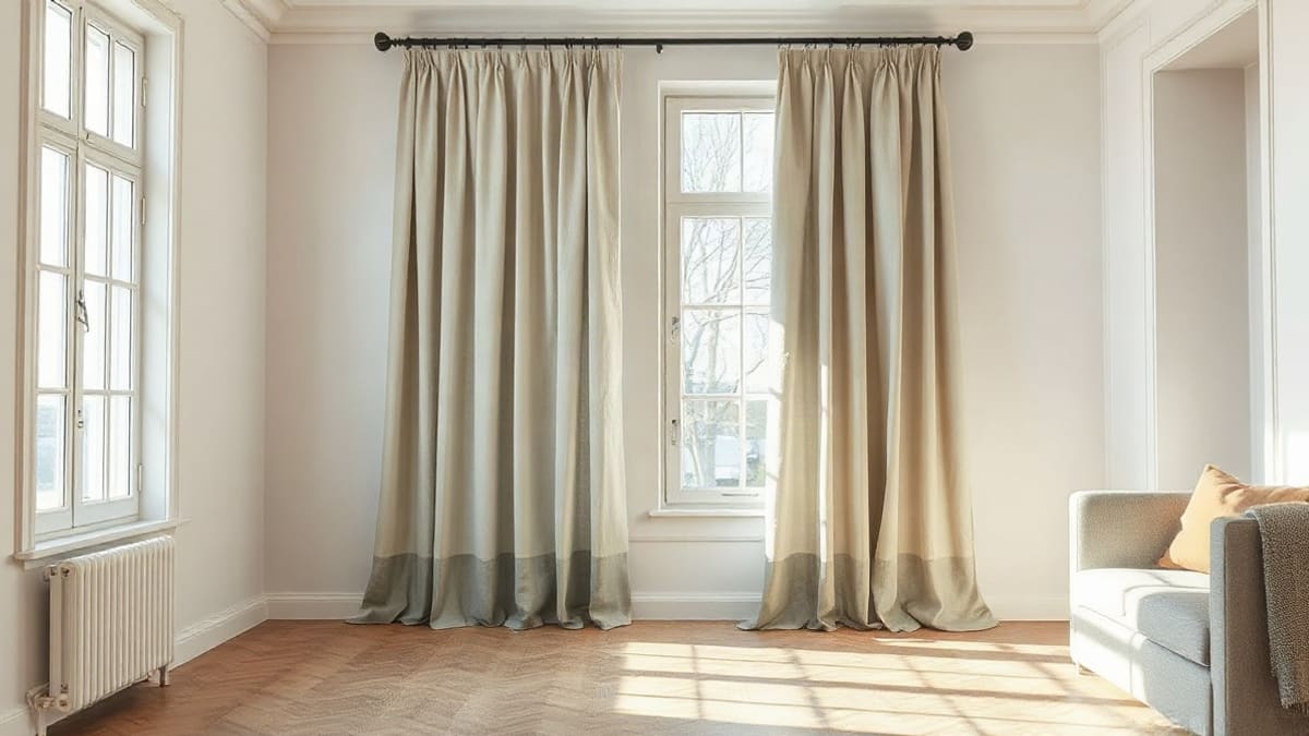 A bright empty living room interior seen from inside, a floor-length pale grey thermal curtain pulled halfway across a tall window, the lighter backing of the curtain turned toward the glass, soft winter daylight, no people, no text